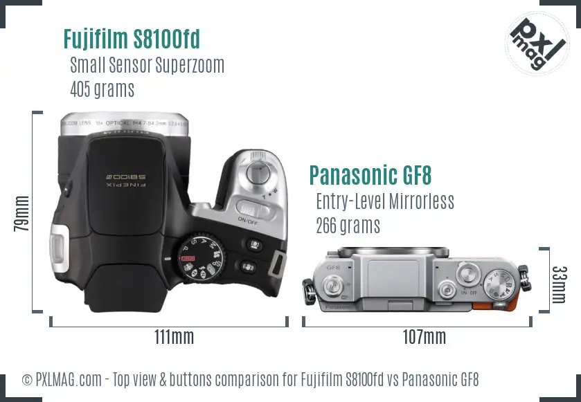 Fujifilm S8100fd vs Panasonic GF8 top view buttons comparison