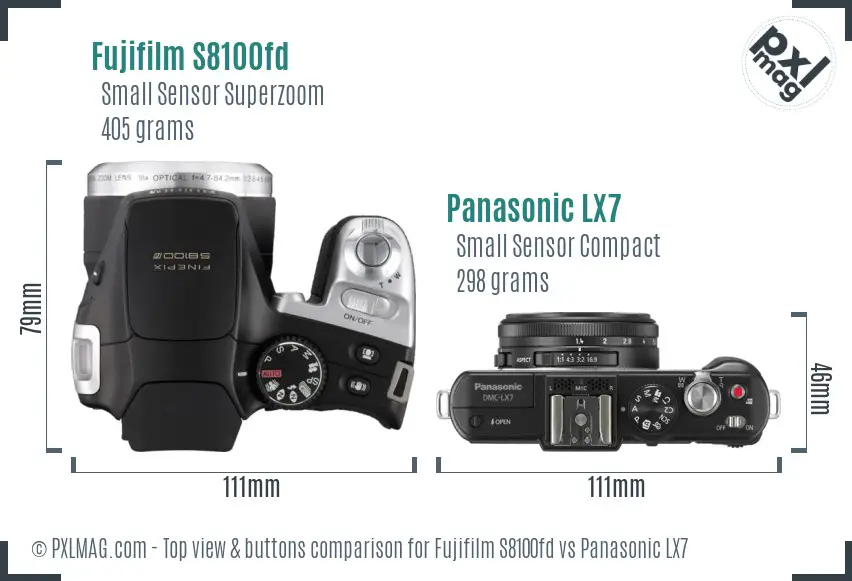 Fujifilm S8100fd vs Panasonic LX7 top view buttons comparison