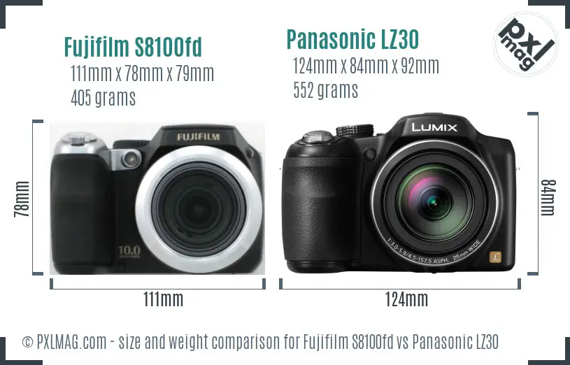 Fujifilm S8100fd vs Panasonic LZ30 size comparison