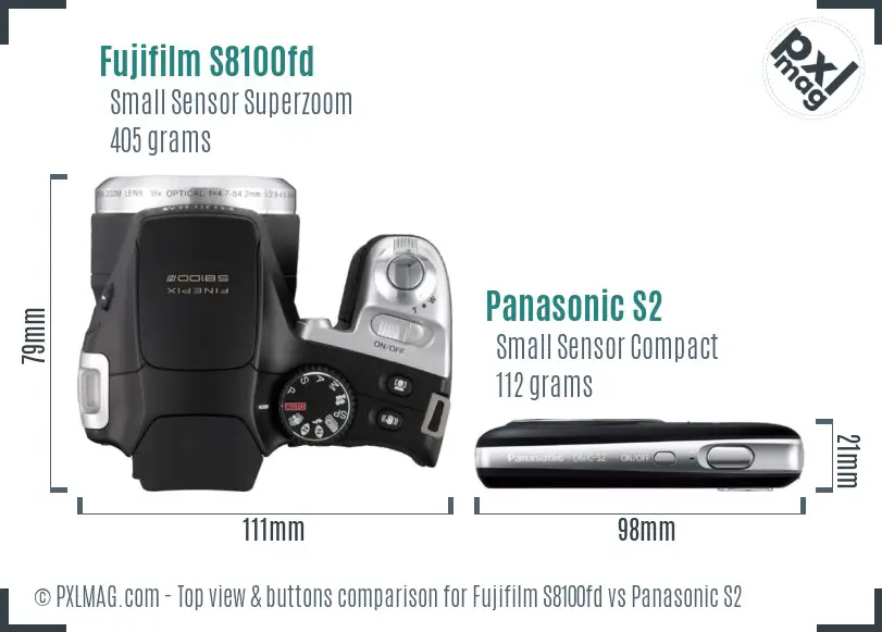 Fujifilm S8100fd vs Panasonic S2 top view buttons comparison