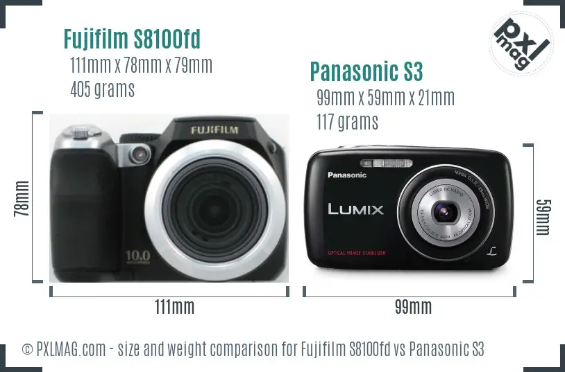 Fujifilm S8100fd vs Panasonic S3 size comparison