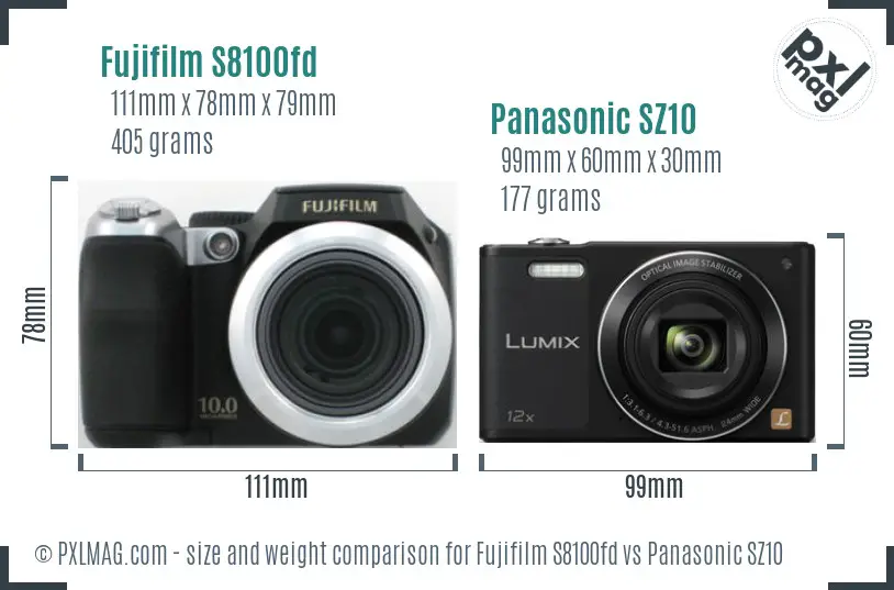 Fujifilm S8100fd vs Panasonic SZ10 size comparison