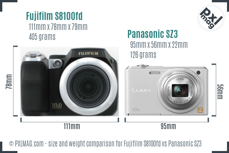 Fujifilm S8100fd vs Panasonic SZ3 size comparison