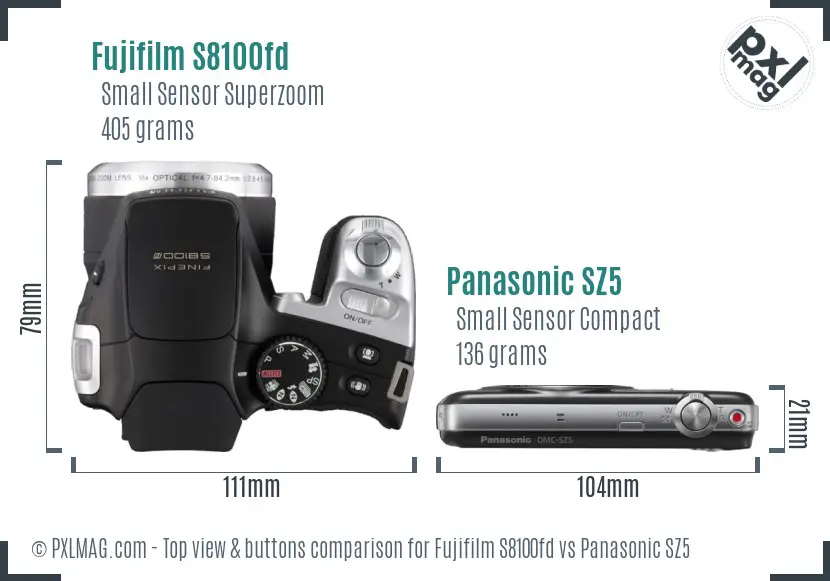 Fujifilm S8100fd vs Panasonic SZ5 top view buttons comparison Fujifilm S8100fd vs Panasonic SZ5 top view buttons comparison