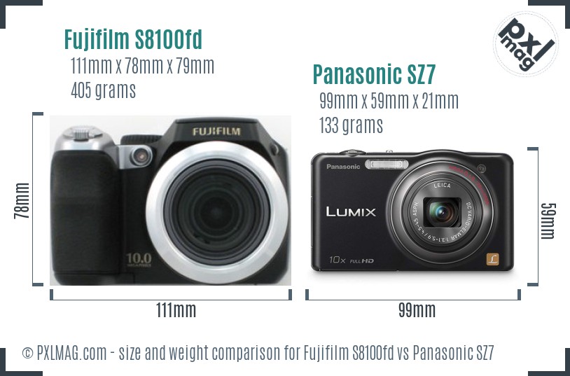 Fujifilm S8100fd vs Panasonic SZ7 size comparison