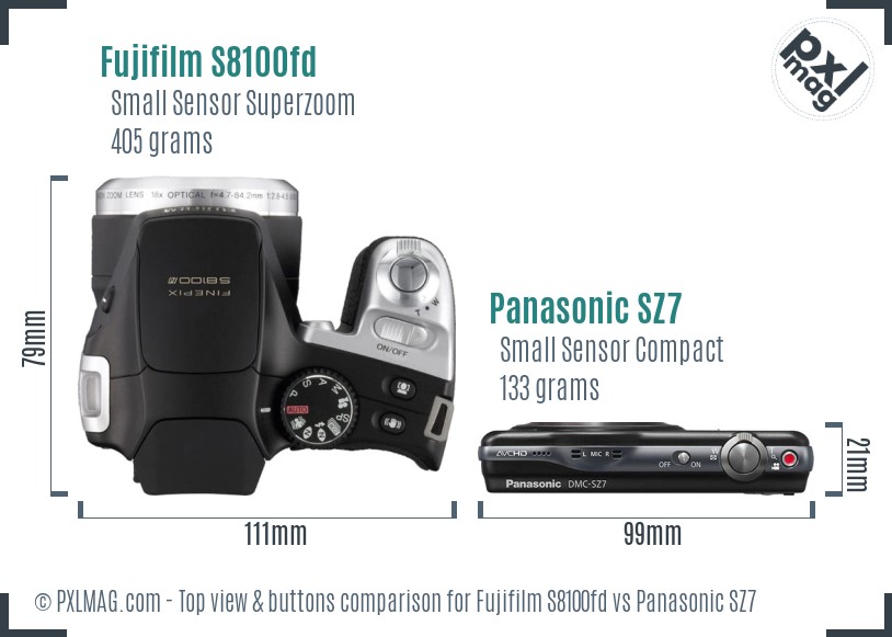 Fujifilm S8100fd vs Panasonic SZ7 top view buttons comparison