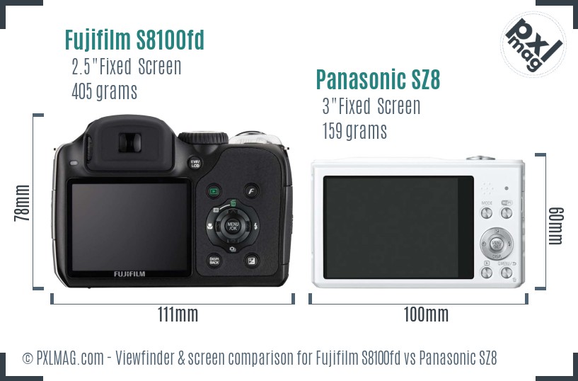 Fujifilm S8100fd vs Panasonic SZ8 Screen and Viewfinder comparison