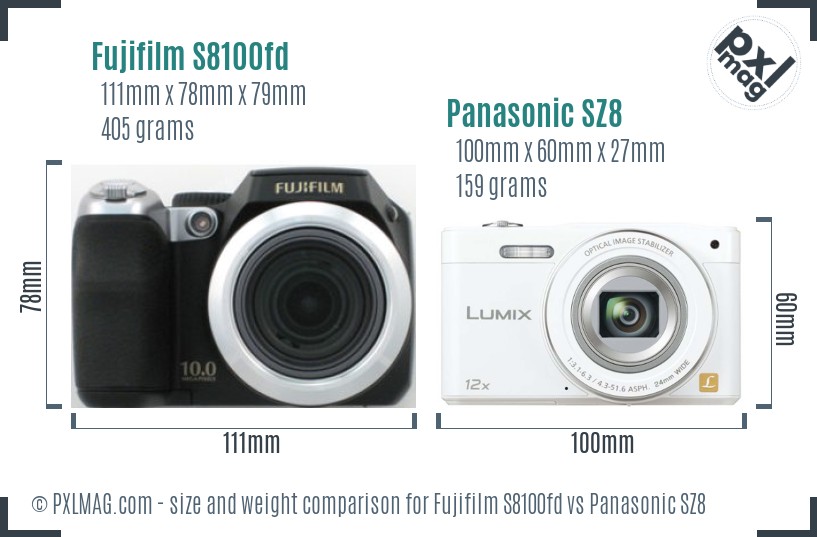 Fujifilm S8100fd vs Panasonic SZ8 size comparison