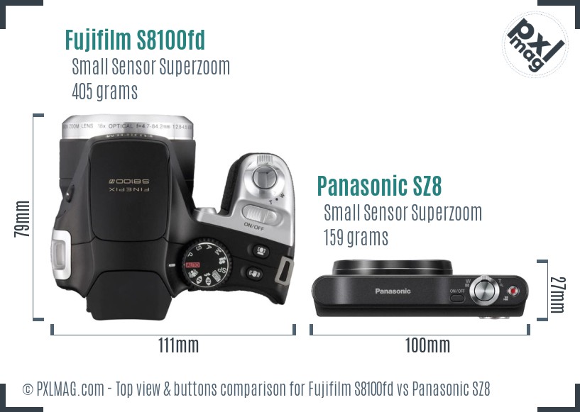 Fujifilm S8100fd vs Panasonic SZ8 top view buttons comparison