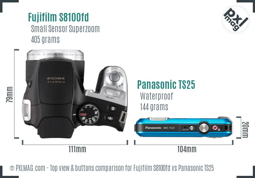 Fujifilm S8100fd vs Panasonic TS25 top view buttons comparison Fujifilm S8100fd vs Panasonic TS25 top view buttons comparison
