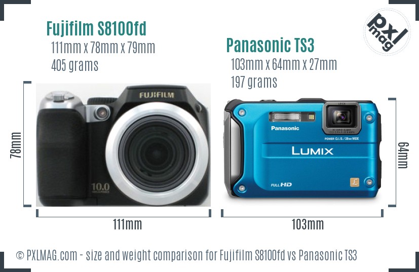Fujifilm S8100fd vs Panasonic TS3 size comparison