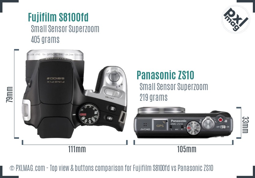Fujifilm S8100fd vs Panasonic ZS10 top view buttons comparison