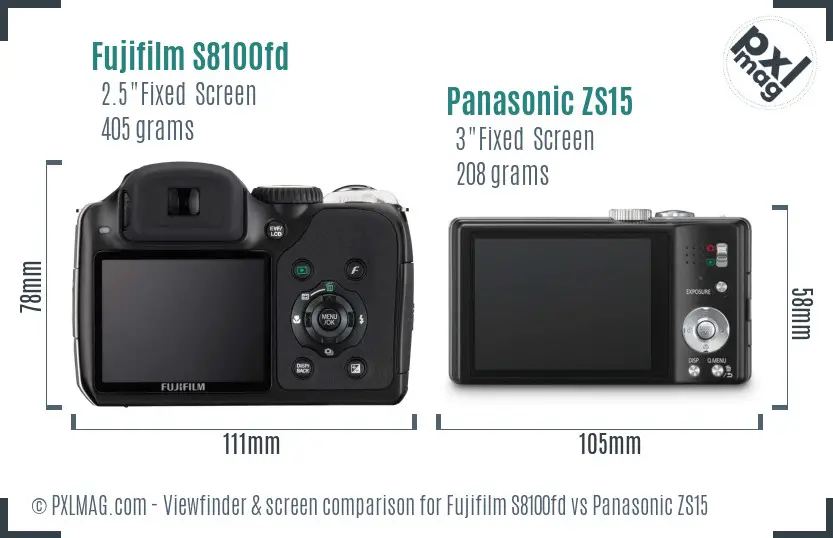 Fujifilm S8100fd vs Panasonic ZS15 Screen and Viewfinder comparison