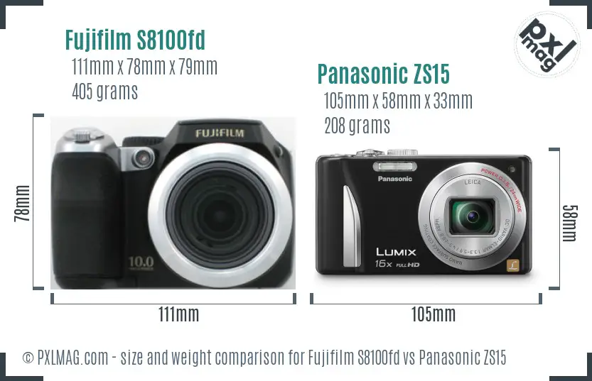 Fujifilm S8100fd vs Panasonic ZS15 size comparison