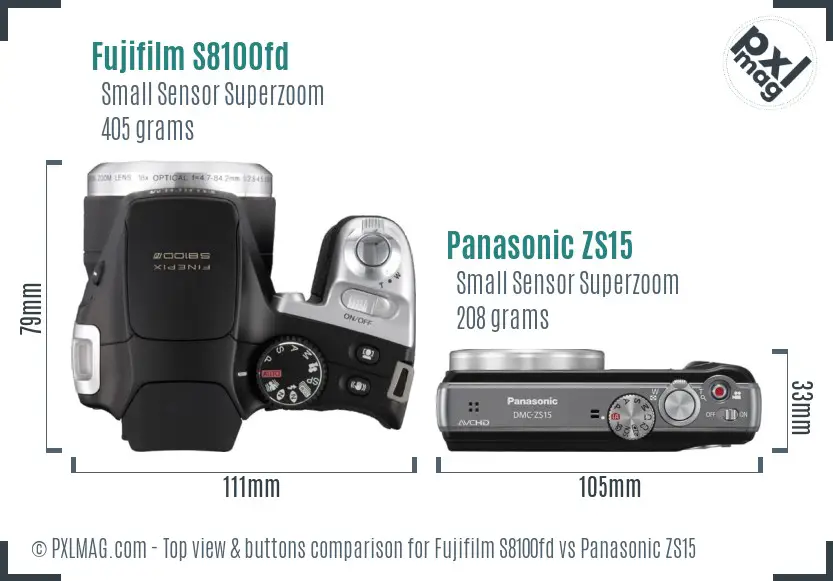 Fujifilm S8100fd vs Panasonic ZS15 top view buttons comparison