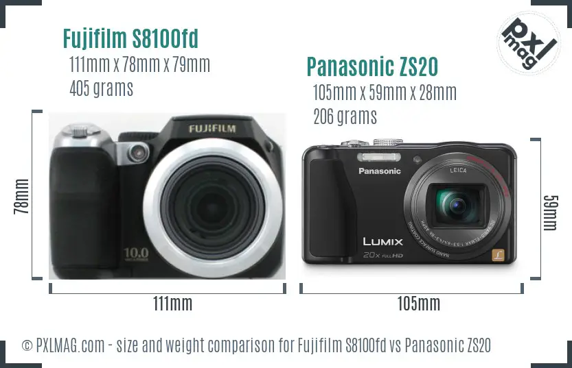 Fujifilm S8100fd vs Panasonic ZS20 size comparison