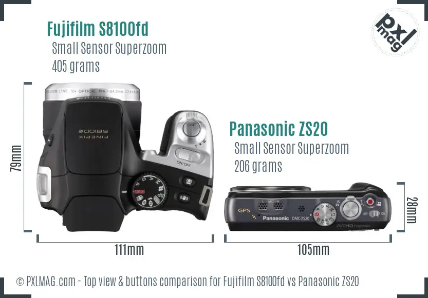 Fujifilm S8100fd vs Panasonic ZS20 top view buttons comparison