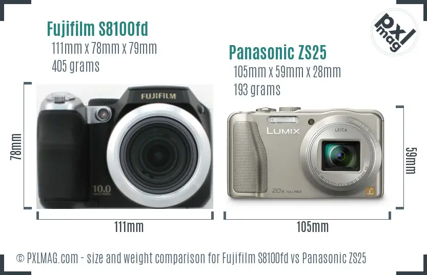 Fujifilm S8100fd vs Panasonic ZS25 size comparison