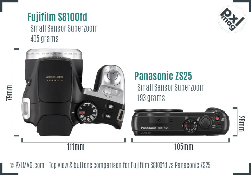 Fujifilm S8100fd vs Panasonic ZS25 top view buttons comparison