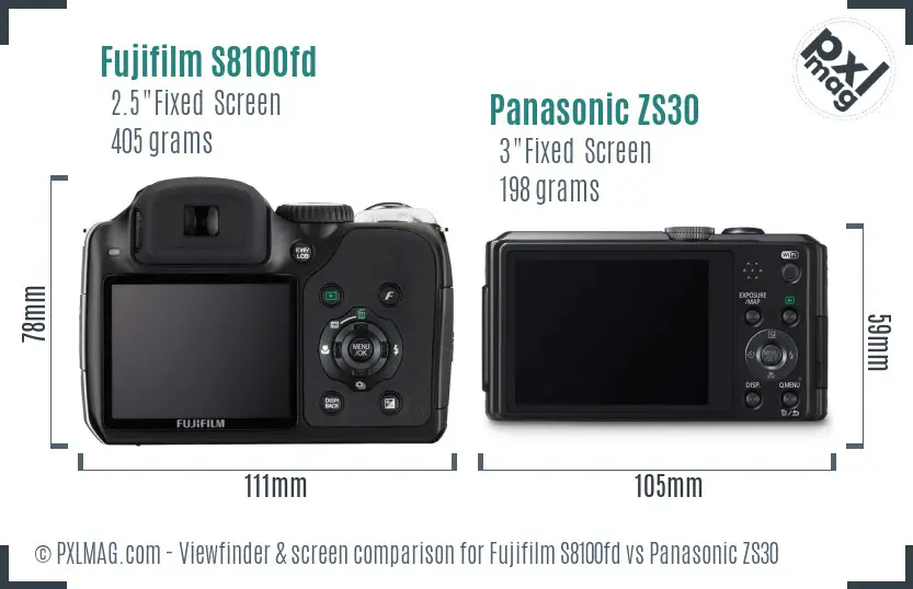 Fujifilm S8100fd vs Panasonic ZS30 Screen and Viewfinder comparison