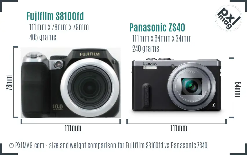 Fujifilm S8100fd vs Panasonic ZS40 size comparison