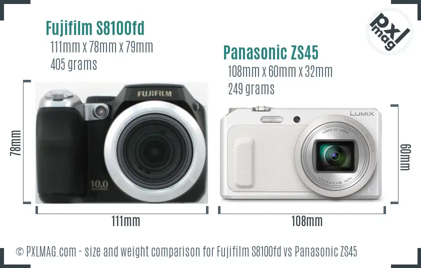 Fujifilm S8100fd vs Panasonic ZS45 size comparison