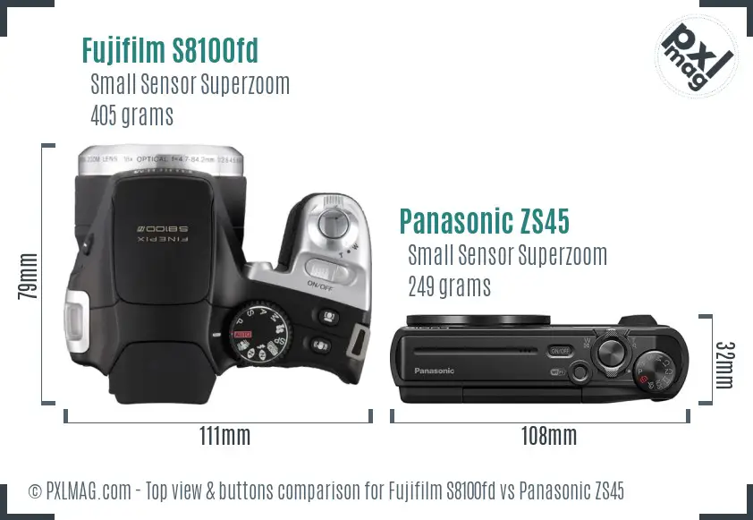 Fujifilm S8100fd vs Panasonic ZS45 top view buttons comparison