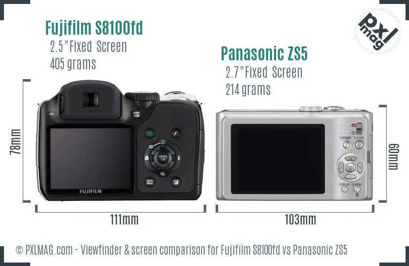 Fujifilm S8100fd vs Panasonic ZS5 Screen and Viewfinder comparison