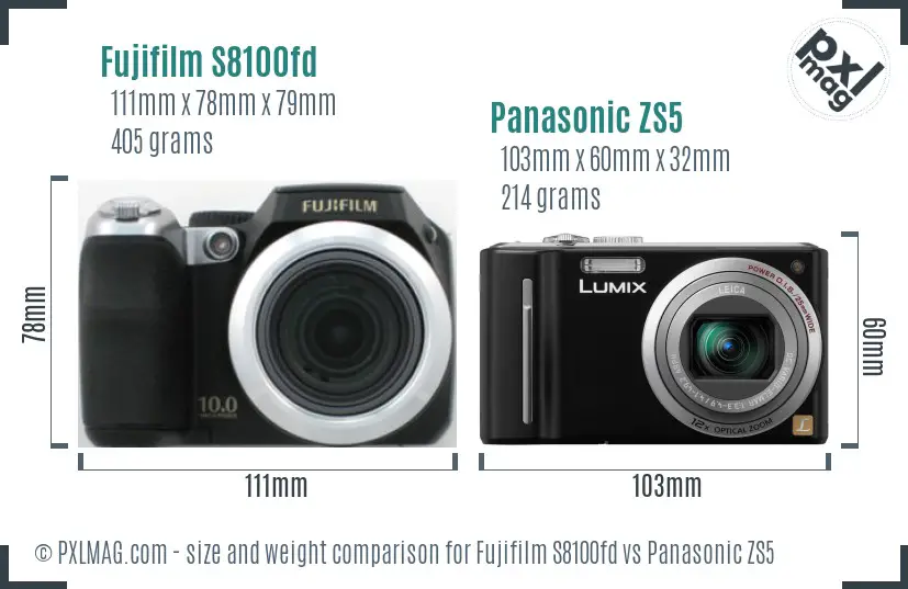Fujifilm S8100fd vs Panasonic ZS5 size comparison