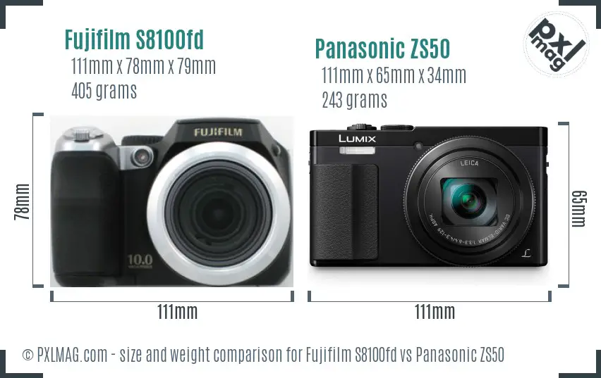 Fujifilm S8100fd vs Panasonic ZS50 size comparison