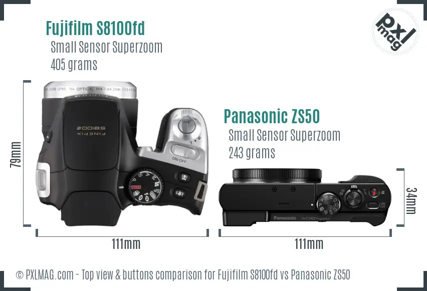 Fujifilm S8100fd vs Panasonic ZS50 top view buttons comparison