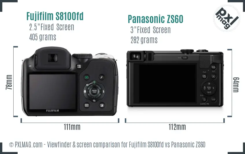 Fujifilm S8100fd vs Panasonic ZS60 Screen and Viewfinder comparison