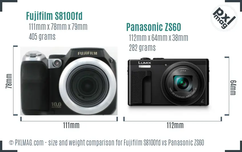 Fujifilm S8100fd vs Panasonic ZS60 size comparison