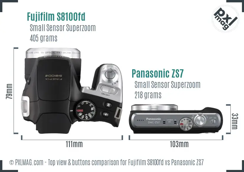 Fujifilm S8100fd vs Panasonic ZS7 top view buttons comparison