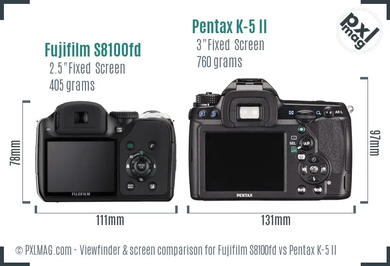 Fujifilm S8100fd vs Pentax K-5 II Screen and Viewfinder comparison