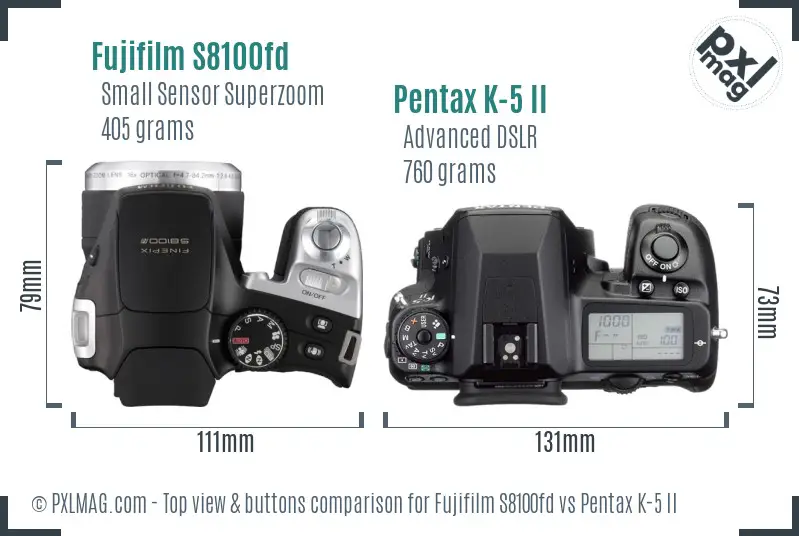 Fujifilm S8100fd vs Pentax K-5 II top view buttons comparison