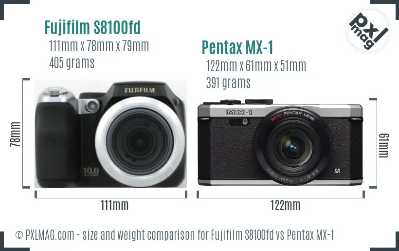 Fujifilm S8100fd vs Pentax MX-1 size comparison