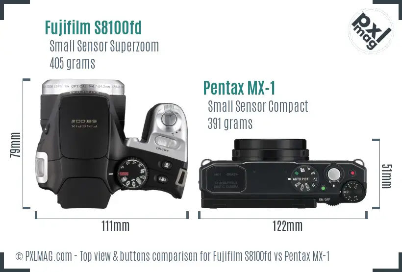 Fujifilm S8100fd vs Pentax MX-1 top view buttons comparison