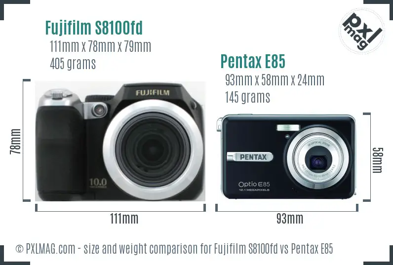 Fujifilm S8100fd vs Pentax E85 size comparison