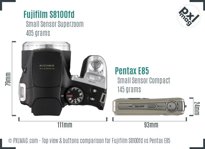 Fujifilm S8100fd vs Pentax E85 top view buttons comparison