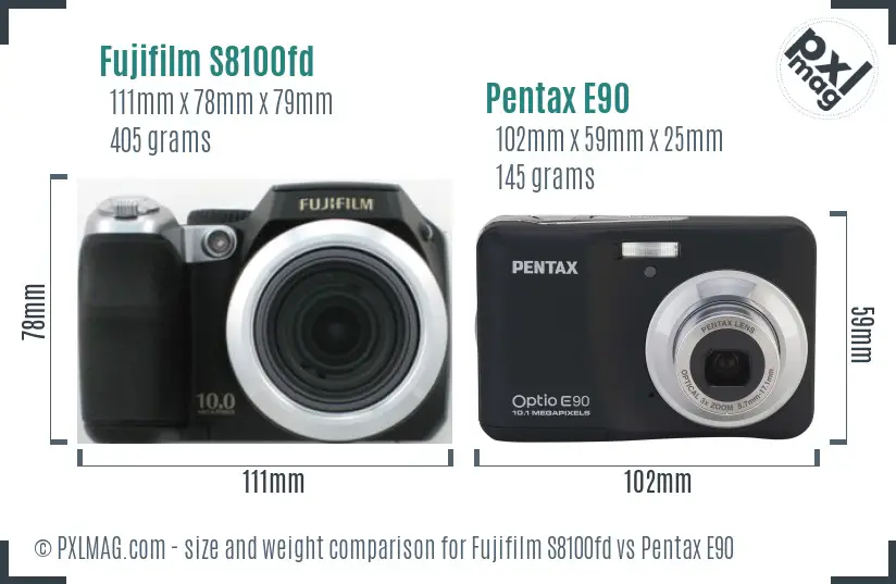 Fujifilm S8100fd vs Pentax E90 size comparison