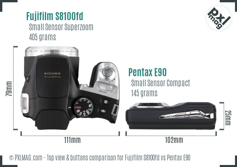 Fujifilm S8100fd vs Pentax E90 top view buttons comparison