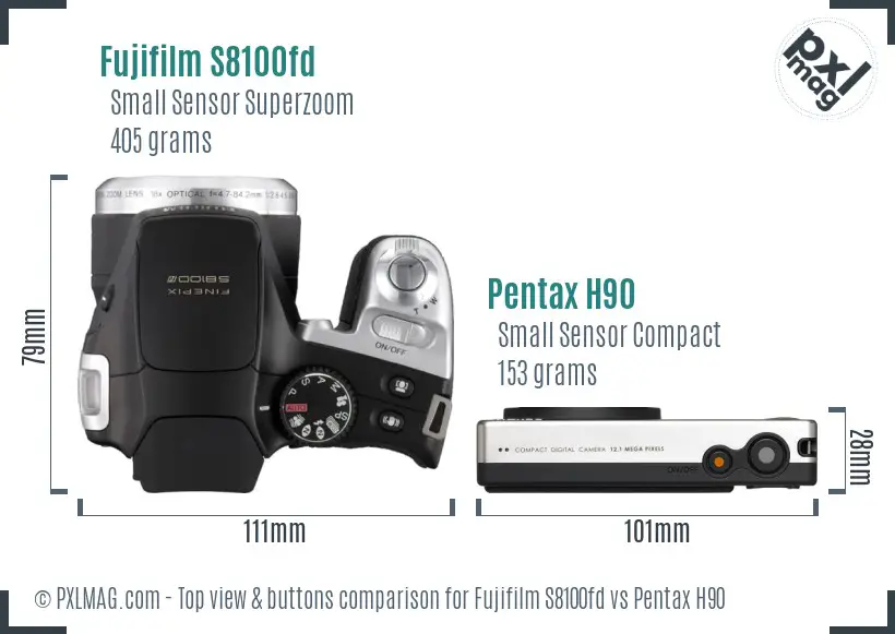 Fujifilm S8100fd vs Pentax H90 top view buttons comparison