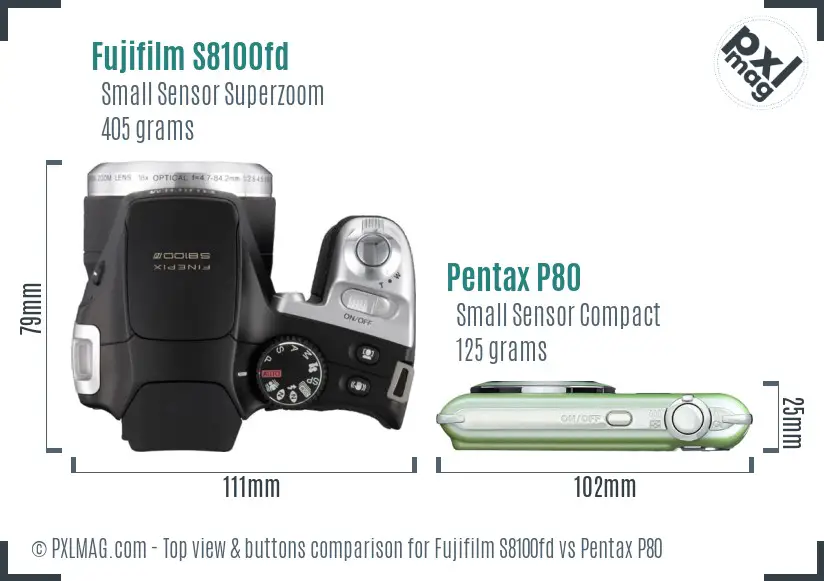 Fujifilm S8100fd vs Pentax P80 top view buttons comparison Fujifilm S8100fd vs Pentax P80 top view buttons comparison