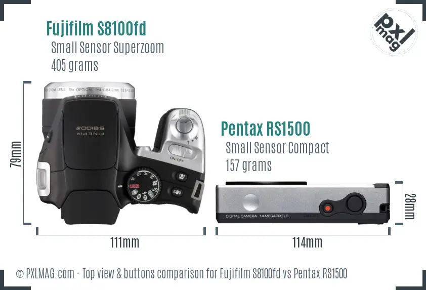 Fujifilm S8100fd vs Pentax RS1500 top view buttons comparison