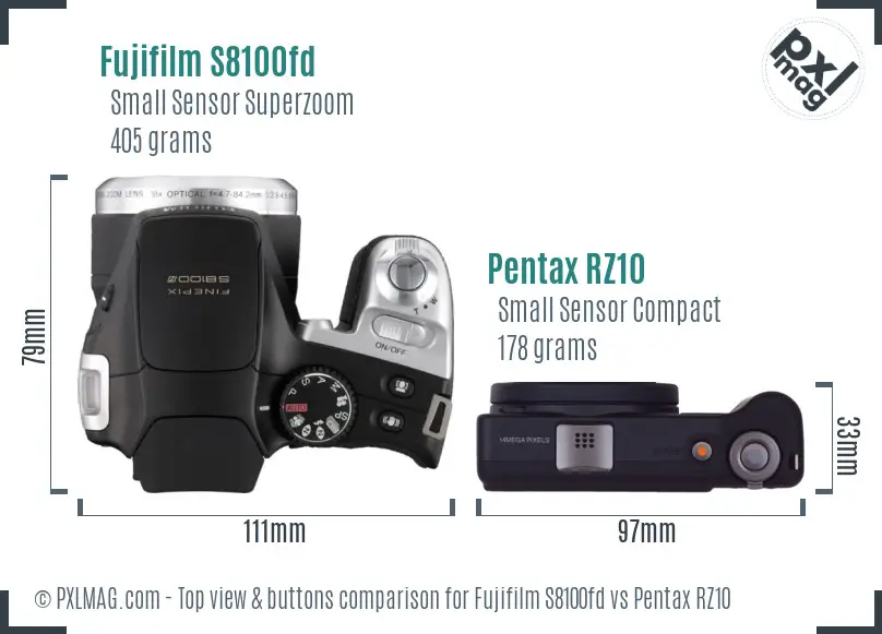 Fujifilm S8100fd vs Pentax RZ10 top view buttons comparison