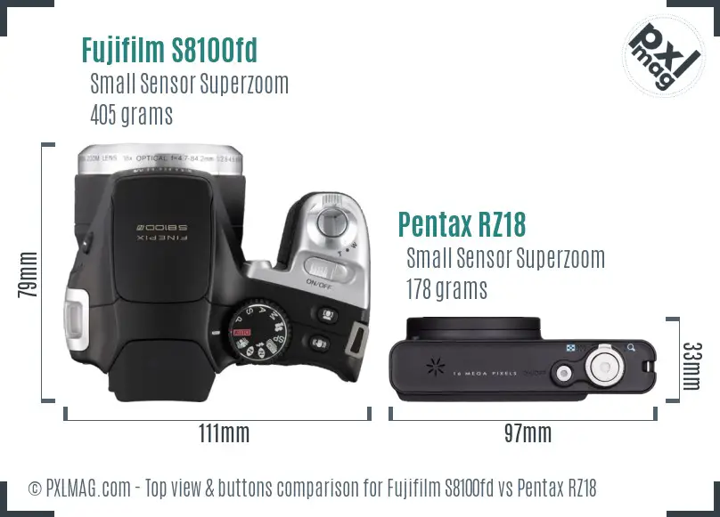 Fujifilm S8100fd vs Pentax RZ18 top view buttons comparison Fujifilm S8100fd vs Pentax RZ18 top view buttons comparison