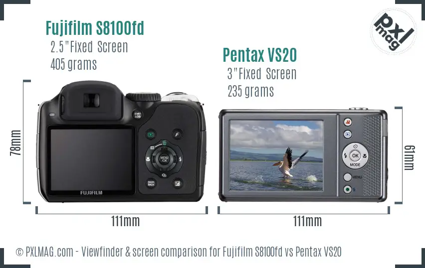 Fujifilm S8100fd vs Pentax VS20 Screen and Viewfinder comparison