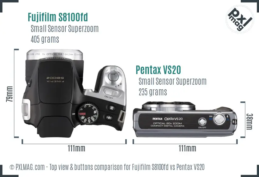 Fujifilm S8100fd vs Pentax VS20 top view buttons comparison