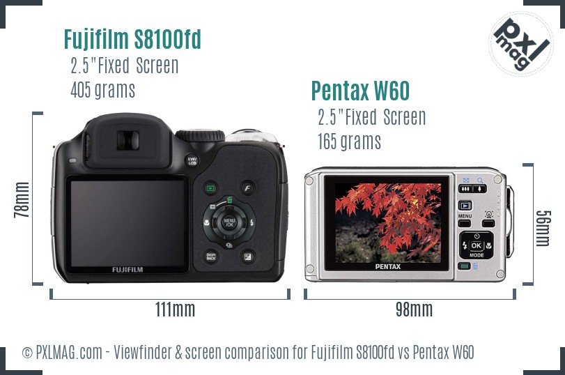 Fujifilm S8100fd vs Pentax W60 Screen and Viewfinder comparison